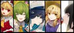  5girls :3 :d ^_^ aqua_sailor_collar ascot bangs bare_shoulders black_border black_eyes black_hair blonde_hair blue_vest blush border brown_headwear clenched_hand closed_eyes closed_eyes column_lineup commentary_request daimaou_ruaeru daiyousei eyebrows_visible_through_hair facing_viewer fang flandre_scarlet frilled_shirt_collar frills from_side green_eyes green_hair grin hair_ribbon hair_tubes hakurei_reimu hands_up hat hat_ribbon head_tilt highres holding long_hair long_sleeves looking_at_viewer mob_cap moriya_suwako multiple_girls murasa_minamitsu open_mouth outline parted_lips profile puffy_short_sleeves puffy_sleeves purple_vest puzzle_piece red_eyes red_ribbon red_skirt red_vest ribbon sailor_collar sailor_hat sailor_shirt shirt short_hair short_sleeves sidelocks skirt smile touhou upper_body vest water_drop white_headwear white_outline white_shirt yellow_eyes yellow_neckwear yellow_ribbon 