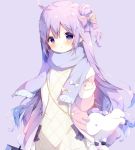  1girl :o animal_bag azur_lane bag bangs blue_scarf blush bow coat commentary_request dress eyebrows_visible_through_hair fringe_trim hair_between_eyes hair_bow hand_up head_tilt long_hair long_sleeves one_side_up open_clothes open_coat parted_lips pink_bow pink_coat purple_background purple_hair scarf shiratama_(shiratamaco) shoulder_bag sidelocks sleeves_past_wrists solo unicorn_(azur_lane) very_long_hair violet_eyes white_bow white_dress yellow_bow 