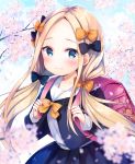  1girl abigail_williams_(fate/grand_order) alternate_costume backpack bag bag_charm bangs belt belt_buckle black_bow black_jacket black_skirt blonde_hair blue_belt blue_eyes blue_sky blurry blurry_foreground blush bow buckle charm_(object) cherry_blossoms closed_mouth clouds cloudy_sky collared_shirt commentary_request day depth_of_field fate/grand_order fate_(series) flower forehead hair_bow highres hisama_kumako jacket long_hair looking_at_viewer low_twintails open_clothes open_jacket orange_bow outdoors parted_bangs pink_flower pleated_skirt randoseru shirt skirt sky solo tree_branch twintails very_long_hair white_shirt 