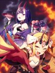  2girls :d absurdres bangs blonde_hair blunt_bangs breasts cleavage cup earrings eyebrows_visible_through_hair fang fangs fate/grand_order fate_(series) floating_hair gloves hakka_(88hk88) highres holding horns ibaraki_douji_(fate/grand_order) japanese_clothes jewelry kimono long_hair looking_at_viewer multiple_girls open_clothes open_kimono open_mouth outstretched_arm outstretched_hand pointy_ears purple_hair purple_kimono red_gloves sakazuki shiny shiny_hair short_hair shuten_douji_(fate/grand_order) sideboob slit_pupils small_breasts smile tattoo very_long_hair violet_eyes yellow_eyes 