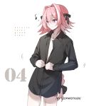 1boy artist_name astolfo_(fate) bishounen black_bow black_ribbon black_shirt blush bow braid buttoning copyright_name fang fate/apocrypha fate_(series) from_side hair_intakes hair_ribbon leopardtiger long_braid long_hair male_focus motion_lines multicolored_hair musical_note no_pants numbered pink_hair ribbon shirt simple_background single_braid skin_fang solo streaked_hair violet_eyes white_background 