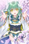  1girl aqua_hair blush cherry_blossoms dragon_girl dragon_horns empty_eyes eyebrows_visible_through_hair fate/grand_order fate_(series) flower green_hair highres horns japanese_clothes kimono kiyohime_(fate/grand_order) long_hair looking_at_viewer looking_up morizono_shiki obi open_mouth sash solo tree_branch yellow_eyes 