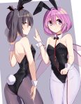  2girls :3 animal_ears bare_arms bare_shoulders black_hair black_legwear black_leotard black_neckwear bow bowtie breasts bunny_girl bunny_tail bunnysuit covered_navel cowboy_shot ddt_(darktrident) detached_collar fake_animal_ears green_eyes groin hair_between_eyes hand_up highres holding leash leotard long_hair looking_at_viewer looking_back multiple_girls original pantyhose personification profile purple_hair rabbit_ears short_hair sidelocks small_breasts smile standing starcraft tail twintails violet_eyes white_legwear wrist_cuffs zergling 