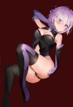  absurdres armpits ass bare_shoulders black_gloves black_legwear blush breasts cleavage commentary_request elbow_gloves eyebrows_visible_through_hair fate/grand_order fate_(series) frown gloves hand_on_ass highres kian looking_at_viewer mash_kyrielight navel purple_legwear red_background short_hair simple_background thigh-highs thighs two-tone_gloves two-tone_legwear 