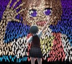  1girl brown_hair commentary crowd facing_away glowstick idol mosaic_art original plaid plaid_skirt short_hair skirt violet_eyes waving yajirushi_(chanoma) 