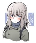  1girl bangs blush casual closed_mouth commentary cropped_torso dated eyebrows_visible_through_hair girls_und_panzer grey_coat grey_shirt highres itsumi_erika long_hair looking_at_viewer outline portrait shichisaburo shirt smile solo turtleneck white_background white_outline 