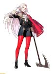  1girl axe cape capelet cravat edelgard_von_hresvelgr_(fire_emblem) fire_emblem fire_emblem:_three_houses fire_emblem_heroes gloves hair_ornament hand_in_hair high_heels holding holding_weapon intelligent_systems kurahana_chinatsu long_hair nintendo official_art red_cape ribbon shorts silver_hair solo thigh-highs uniform violet_eyes watermark weapon white_background 