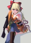  1girl antenna_hair bangs blonde_hair blue_eyes blue_legwear boots bow breasts commentary_request cowboy_boots detached_sleeves eyebrows_visible_through_hair food fruit grey_background gun hair_bow highres holding holding_gun holding_weapon invisible_chair japanese_clothes kimono looking_at_viewer masao medium_breasts mole mole_under_eye obi open_mouth orange orange_kimono orange_slice original over_shoulder red_bow rifle rope sash shimenawa sitting solo thigh-highs thighs weapon weapon_over_shoulder weapon_request wide_sleeves 