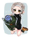  1girl ankle_boots bike_shorts black_jacket blush boots brown_footwear closed_mouth explosher_(splatoon) full_body gothloli_dokuro grey_hair holding jacket kneeling long_sleeves looking_at_viewer medium_hair octarian octoling outline single_vertical_stripe sleeves_past_wrists smile solo splatoon splatoon_(series) splatoon_2 suction_cups tentacle_hair white_outline yellow_eyes 