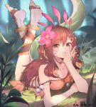  1girl :o animal bare_arms bare_shoulders barefoot bell black_shorts blonde_hair blurry blurry_foreground breasts brown_eyes brown_hair brown_shirt camisole chameleon chin_rest collarbone crop_top dated depth_of_field facial_mark flower grass hair_flower hair_ornament highres jewelry jingle_bell leaf league_of_legends legs_up lizard_girl lizard_tail long_hair looking_at_viewer lying medium_breasts midriff multicolored_hair nature necklace neeko_(league_of_legends) on_stomach outdoors parted_lips pink_flower rock se.a shirt shorts signature sleeveless sleeveless_shirt solo strap_slip tail tam_tambourine the_pose two-tone_hair two_side_up 