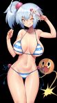  1girl bikini blue_hair blush bomb bombergirl breasts hair_ornament kamaboko_(ossann0125) large_breasts looking_at_viewer navel one_eye_closed one_side_up shiro_(bombergirl) side_ponytail smile solo striped swimsuit yellow_eyes 