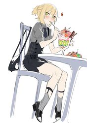  1girl artist_request bag blonde_hair blush chair cherry commentary_request eating food fruit girls_frontline glass green_eyes handbag high_heels highres ice_cream kiwi_slice parfait socks solo spoon surprised table waffle welrod_mk2_(girls_frontline) 