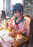  1girl :q bangle blue_bra blue_hair blue_nails blush book bookshelf bra bracelet breasts chair cleavage coffee collarbone cup curtains day demon_girl demon_horns demon_tail demon_wings eraser haowei_wu highres horns id_card indoors jewelry large_breasts light_rays looking_at_viewer low_wings marker mole mole_under_eye nail_polish neckerchief note on_chair open_book pen pink_neckwear pink_wings saucer see-through shirt short_hair sitting sleeveless sleeveless_shirt smile solo sunbeam sunlight table tail tongue tongue_out underwear violet_eyes watch watch white_shirt wings 