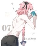  1boy artist_name ass astolfo_(fate) back bishounen black_bow black_ribbon bow boxers braid buttoning copyright_name cup drinking fang fate/apocrypha fate_(series) from_behind hair_intakes hair_ribbon holding holding_cup leopardtiger long_braid long_hair male_focus messy_hair motion_lines multicolored_hair no_pants numbered pink_hair ribbon shirtless simple_background single_braid skin_fang solo streaked_hair toned toned_male underwear underwear_only violet_eyes white_background 
