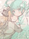  2girls aqua_bow aqua_eyes aqua_hair backless_outfit bangs black_bow blonde_hair blush bow breasts cleavage closed_eyes commentary_request hair_bow highres hug kasuga_sunao long_hair multiple_girls no_nose original parted_lips small_breasts smile striped striped_bow upper_body yuri 