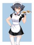  1girl alternate_costume apron arm_up black_dress black_hair blue_background braid breasts cake commentary_request contrapposto dress enmaided eyebrows_visible_through_hair feet_out_of_frame food frilled_apron frilled_skirt frills girls_und_panzer grin hand_on_hip highres holding holding_tray looking_at_viewer maid maid_apron maid_headdress medium_breasts one_eye_closed orange_eyes pepperoni_(girls_und_panzer) plate puffy_short_sleeves puffy_sleeves ruka_(piyopiyopu) shiny shiny_hair short_sleeves simple_background single_braid single_sidelock skirt smile solo standing teeth thigh-highs tray white_legwear 