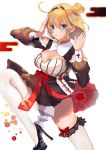 1girl blonde_hair blue_eyes breasts character_request chestnut_mouth cleavage cleavage_cutout copyright_request high_heels highres inushima large_breasts martial_arts short_hair skirt standing standing_on_one_leg thigh-highs thighs white_background white_legwear wind 