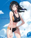  1girl alraco bikini black_bikini black_eyes black_hair blue_sky blurry blurry_background breasts cleavage clouds collarbone cowboy_shot floating_hair glasses haikyuu!! hand_on_hip hand_on_lap head_tilt highres long_hair looking_at_viewer medium_breasts mole mole_under_mouth navel outdoors parted_lips rectangular_eyewear rimless_eyewear sample shimizu_kiyoko shiny shiny_hair sky solo sports_bikini standing swimsuit wading 