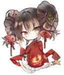  1girl bangs bare_shoulders bow brown_eyes brown_hair chibi china_dress chinese_clothes closed_mouth commentary_request detached_sleeves double_bun dress eyebrows_visible_through_hair frilled_sleeves frills full_body girls_frontline hair_between_eyes hair_bow head_tilt kotatu_(akaki01aoki00) long_sleeves pelvic_curtain qbz-97_(girls_frontline) red_bow red_dress red_sleeves seiza side_bun simple_background sitting sleeveless sleeveless_dress sleeves_past_fingers sleeves_past_wrists smile solo star thigh-highs white_background white_legwear 