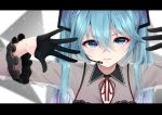  1girl absurdres bangs black_gloves blue_eyes blue_hair blurry blurry_background blurry_foreground brown_shirt collared_shirt commentary_request depth_of_field eyebrows_visible_through_hair gloves gradient_hair hair_between_eyes hair_ornament half_gloves hatsune_miku headset highres hijouguti letterboxed long_sleeves lower_teeth multicolored_hair neck_ribbon parted_lips purple_hair red_ribbon ribbon shirt solo twintails upper_body vocaloid 