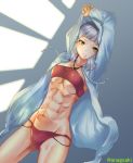  1girl abs aona_(kuuga19yuu) arm_up bikini breasts collarbone commentary_request fate/grand_order fate_(series) hood hood_up hoodie large_breasts looking_at_viewer muscle muscular_female open_clothes open_hoodie penthesilea_(fate/grand_order) red_bikini short_hair silver_hair solo swimsuit twitter_username under_boob yellow_eyes 