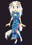  1girl black_background breasts china_dress chinese_clothes cleavage cleavage_cutout commentary dark_souls dress green_eyes high_heels large_breasts priscilla_the_crossbreed setz smile souls_(from_software) tail white_hair 
