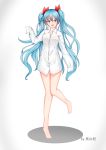  1girl :d absurdres artist_name barefoot blue_eyes blue_hair bow collarbone collared_shirt dress_shirt eyebrows_visible_through_hair floating_hair hair_between_eyes hair_bow hatsune_miku highres leg_up long_hair looking_at_viewer naked_shirt open_mouth red_bow shirt simple_background sleeves_past_fingers sleeves_past_wrists smile standing standing_on_one_leg very_long_hair vocaloid white_background white_shirt wing_collar xasyyy 