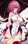  1girl absurdres bangs bare_shoulders bat blush breasts center_opening cleavage closed_mouth demon_tail detached_collar fate/grand_order fate_(series) hair_over_one_eye highres horns large_breasts lavender_hair leotard looking_at_viewer mash_kyrielight netarou off_shoulder short_hair solo tail thighs umbrella violet_eyes white_leotard 