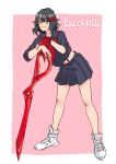  1girl black_hair black_shirt black_skirt blue_eyes copyright_name eyebrows_visible_through_hair fingerless_gloves gloves hair_between_eyes highres holding holding_weapon jacket kani_aruki_(bucket_crawl) kill_la_kill leaning_on_object matoi_ryuuko neckerchief pleated_skirt red_gloves redhead sailor_collar sailor_shirt school_uniform serafuku shirt shoes short_hair short_sleeves single_glove skirt smile sneakers solo suspenders weapon 