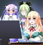  3girls at_computer bare_shoulders blank_eyes blonde_hair blush breasts chair choker cleavage commentary computer d-pad d-pad_hair_ornament doria_(5073726) dress female_pervert frilled_gloves frills gloves green_dress green_hair hair_ornament hair_ribbon hakozaki_chika hands_over_eyes happy keyboard_(computer) large_breasts long_hair monitor multiple_girls neckerchief nepgear neptune_(series) open_mouth peeking_through_fingers pervert purple_hair ribbon screen_light simple_background sleeves_past_wrists surprised table vert violet_eyes white_gloves 