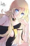  1girl arm_ribbon black_ribbon blonde_hair blue_eyes breasts character_name collar collarbone eyebrows_visible_through_hair hair_between_eyes highres lily_(vocaloid) long_hair looking_at_viewer medium_breasts miniskirt off_shoulder parted_lips ribbon simple_background sitting sketch skirt sleeveless smile solo under_boob very_long_hair vocaloid white_background white_skirt yuuki_kira 