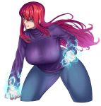  1girl bared_teeth biriri-ane_(space_jin) breasts clenched_hand cropped_legs denim electricity highres huge_breasts jeans leaning_forward long_hair original pants powering_up purple_sweater redhead ribbed_sweater solo space_jin sweater thick_thighs thighs tsurime turtleneck yellow_eyes 