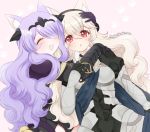  2girls animal_ears armor black_gloves black_hairband camilla_(fire_emblem_if) cat_ears closed_eyes commission female_my_unit_(fire_emblem_if) fire_emblem fire_emblem_if gloves hair_over_one_eye hairband hug long_hair multiple_girls my_unit_(fire_emblem_if) nintendo open_mouth plushcharm purple_hair red_eyes simple_background tiara twitter_username white_hair 