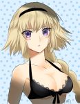  1girl aile_t black_bikini_top black_hairband black_ribbon blonde_hair blue_background blush braid braided_ponytail breasts cleavage collarbone fate/grand_order fate_(series) front-tie_bikini front-tie_top hairband halterneck jeanne_d&#039;arc_(fate)_(all) jeanne_d&#039;arc_(swimsuit_archer) long_hair looking_at_viewer medium_breasts parted_lips polka_dot polka_dot_background ribbon single_braid solo under_boob upper_body very_long_hair violet_eyes 