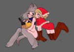  2girls animal_ears bangs basket blonde_hair blue_eyes blush boots bottle bottomless brown_footwear brown_gloves gloves grey_background grey_hair highres holding inata17ta knee_boots multiple_girls original simple_background sleeveless smile tail wolf_ears wolf_girl wolf_tail 