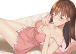  1girl bangs blunt_bangs blush breasts brown_eyes camisole cleavage collarbone eyebrows_visible_through_hair jewelry kantai_collection large_breasts long_hair looking_at_viewer lying on_bed ooi_(kantai_collection) pallad panties pillow pink_camisole ring sidelocks skindentation strap_slip underwear wedding_band white_panties 