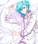  1boy absurdres alternate_costume blue_eyes blue_hair collarbone commentary_request eyebrows_visible_through_hair feathers highres imai jacket long_sleeves looking_at_viewer lying male_focus messy_hair mikaze_ai on_back ponytail smile solo upper_body uta_no_prince-sama white_feathers white_jacket 