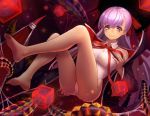  1girl barefoot bb_(fate)_(all) bb_(swimsuit_mooncancer)_(fate) black_cape blush cape collared_leotard eyebrows_visible_through_hair fate/extra fate/extra_ccc fate_(series) floating_hair full_body jurrig leotard long_hair looking_at_viewer neck_ribbon purple_hair red_ribbon ribbon shiny shiny_hair smile soles solo very_long_hair violet_eyes white_leotard wing_collar 