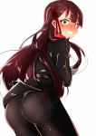  1girl absurdres ass bangs black_legwear blazer blush breasts clenched_teeth embarrassed eyebrows_visible_through_hair girls_frontline gloves hair_ribbon half_updo highres huge_filesize jacket large_breasts long_hair looking_at_viewer necktie one_side_up open_mouth pantyhose purple_hair red_eyes red_neckwear ribbon self_hug shiotafur shirt simple_background solo sweatdrop teeth thighband_pantyhose trembling tsurime very_long_hair wa2000_(girls_frontline) white_background 