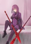  1girl armored_boots bed bodysuit boots breasts covered_navel curtains expressionless fate/grand_order fate_(series) gae_bolg hair_intakes highres holding holding_weapon impossible_bodysuit impossible_clothes indoors large_breasts leg_up leotard long_hair looking_down polearm purple_bodysuit purple_hair purple_leotard red_eyes scathach_(fate)_(all) scathach_(fate/grand_order) sitting solo spear weapon yuuge_ningen 