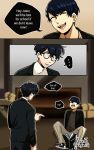  2boys ^_^ amamiya_ren black_hair closed_eyes closed_eyes comic english_text fang glasses highres hourglass34 male_focus morgana_(persona_5) multiple_boys opaque_glasses persona persona_5 persona_5_the_royal pointing shoes shuujin_academy_uniform signature smile sneakers tan_pants 