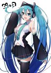  1girl 39 absurdres aqua_neckwear asymmetrical_legwear black_hairband black_legwear black_skirt black_sleeves blue_eyes blue_hair collared_shirt cowboy_shot detached_sleeves gradient_hair hair_between_eyes hair_ornament hairband hairclip hatsune_miku headphones highres kamonegi_(meisou1998) long_hair long_sleeves midriff miniskirt multicolored_hair necktie pleated_skirt shiny shiny_hair shirt skirt sleeveless sleeveless_shirt solo standing stomach striped striped_legwear thigh-highs very_long_hair vocaloid white_shirt wide_sleeves wing_collar zettai_ryouiki 