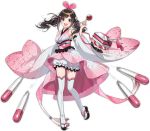 1girl a.i._channel alternate_costume alternate_hairstyle azur_lane bangs blue_eyes blush bow breasts brown_hair candy_apple eyebrows_visible_through_hair food geta hairband holding holding_food japanese_clothes kimono kizuna_ai kurot long_hair looking_at_viewer medium_breasts multicolored_hair official_art open_mouth pants pink_hair pumpkin_pants rigging smile solo streaked_hair tachi-e thigh-highs torpedo transparent_background turret twintails virtual_youtuber white_legwear white_pants wide_sleeves 