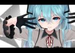 1girl absurdres bangs black_gloves blue_eyes blue_hair blurry blurry_foreground brown_shirt collared_shirt depth_of_field eyebrows_visible_through_hair gloves hair_between_eyes hair_ornament half_gloves hatsune_miku headset highres hijouguti letterboxed long_sleeves lower_teeth neck_ribbon parted_lips red_ribbon ribbon shirt solo twintails upper_body vocaloid 