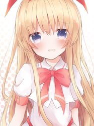  1girl amae_koromo blonde_hair blue_eyes blush bow bowtie commentary_request eyebrows_visible_through_hair face flat_chest hair_between_eyes hair_ornament hairband hayu_o0 long_hair looking_at_viewer open_mouth red_hairband red_neckwear saki shirt solo tearing_up upper_body white_shirt 