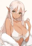  1girl bare_shoulders blush bra breasts cleavage commentary commentary_request dark_skin fur hair_ornament large_breasts long_hair looking_at_viewer morisawa_haruyuki open_mouth original perl pointy_ears shiny shiny_skin silver_hair simple_background solo underwear upper_body white_background white_bra yellow_eyes 