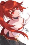  1girl breasts cleavage collarbone cul eyebrows_visible_through_hair floating_hair highres long_hair looking_at_viewer medium_breasts ponytail red_eyes redhead shiny shiny_hair simple_background sketch smile solo strapless upper_body very_long_hair vocaloid white_background yuuki_kira 