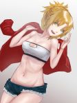  1girl absurdres aito bare_shoulders blonde_hair braid breasts cleavage commentary_request fate/grand_order fate_(series) green_eyes highres jacket long_hair medium_breasts mordred_(fate) mordred_(fate)_(all) ponytail red_jacket short_shorts shorts smile solo weapon 