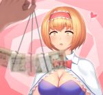  1girl @_@ alice_margatroid bangs blonde_hair blue_dress bob_cut bow bowtie breasts capelet cleavage commentary_request constricted_pupils dress drooling eyebrows_visible_through_hair hairband heart highres holding hypnosis medium_breasts mind_control money open_mouth pink_background pink_bow pink_hairband pink_neckwear short_hair solo_focus strapless strapless_dress swirl tarmo touhou upper_body white_capelet yellow_eyes 