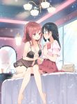  2girls bag bare_arms bare_legs bare_shoulders barefoot bathroom bathtub bed_sheet black_hair blue_eyes blush breasts collarbone commentary_request eyebrows_visible_through_hair hair_ornament highres holding holding_purse homura_subaru indoors lamp large_breasts long_hair looking_at_another medium_breasts mirror multiple_girls original ponytail red_eyes red_skirt redhead revealing_clothes see-through shirt short_sleeves shower_head sitting skirt tiles white_shirt yuri 